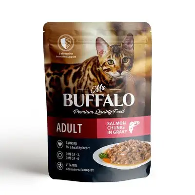 Купить mr.buffalo влажный корм для кошек для кожи и шерсти лосось в соусе (пауч)