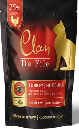 Купить clan de file пауч для кошек кусочки в соусе, индейка, креветки и семена льна