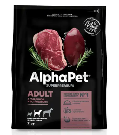 Купить alphapet superpremium сухой корм для взрослых собак средних пород с говядиной и потрошками