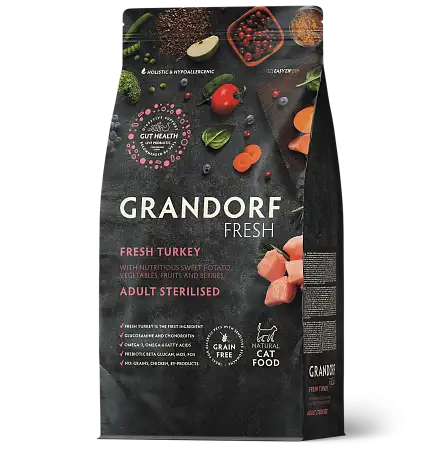 Купить grandorf fresh сухой беззерновой корм для стерилизованных кошек с живыми пробиотиками, индейка и батат